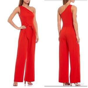 Antonio Melani Size 16 Carlos One‎ Shoulder Wide Leg Belted Jumpsuit Red Stretch